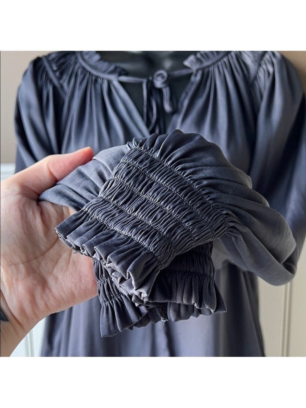 Loft Charcoal Gray Tie Neck Blouse Size L - Picture 5 of 11
